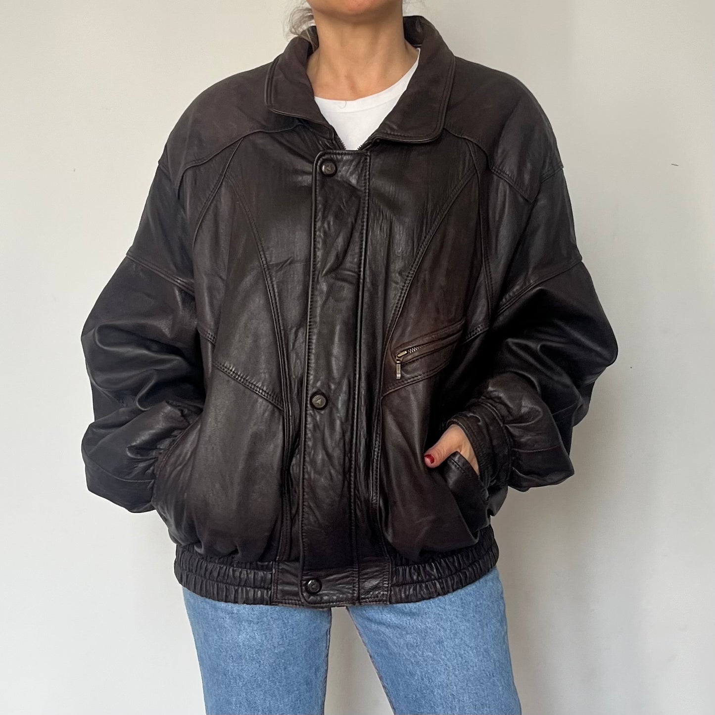 Vintage Brown Leather Bomber Jacket