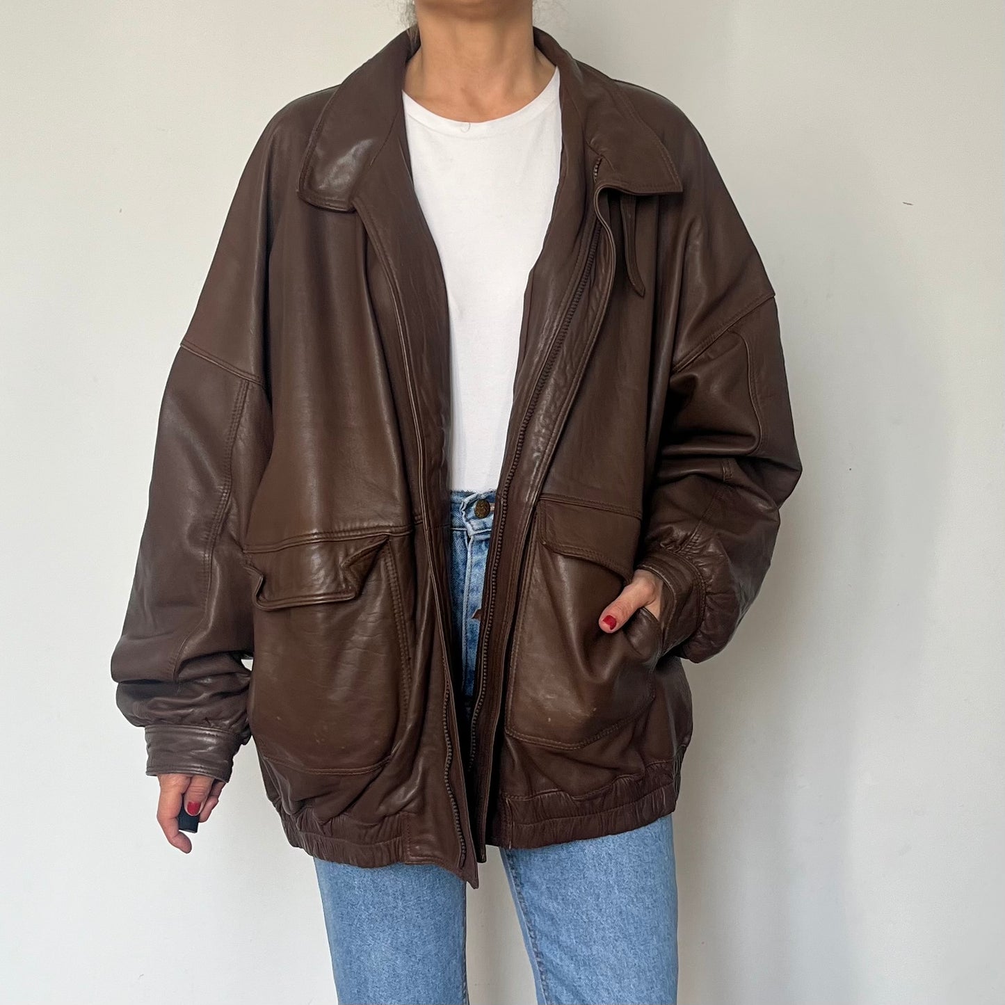 Vintage Brown Leather Bomber Jacket