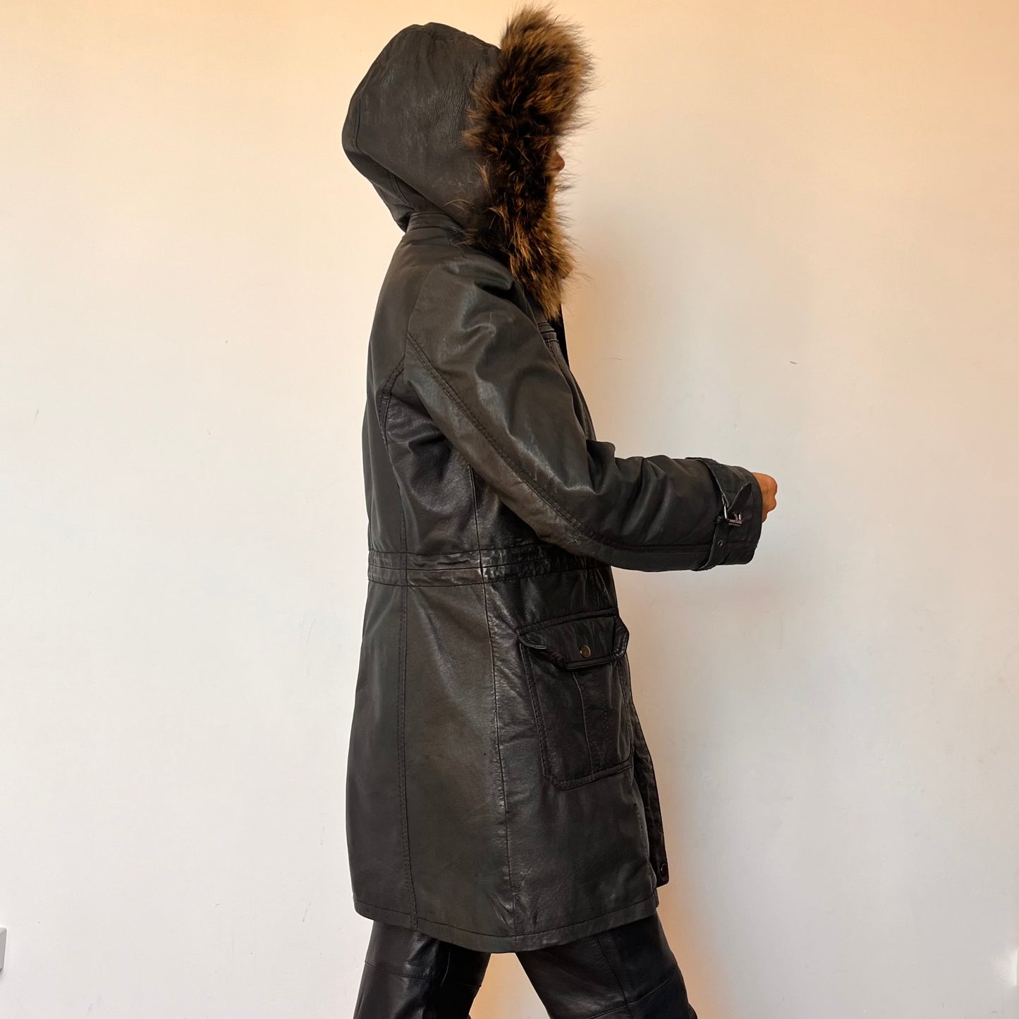 Black leather hooded jacket