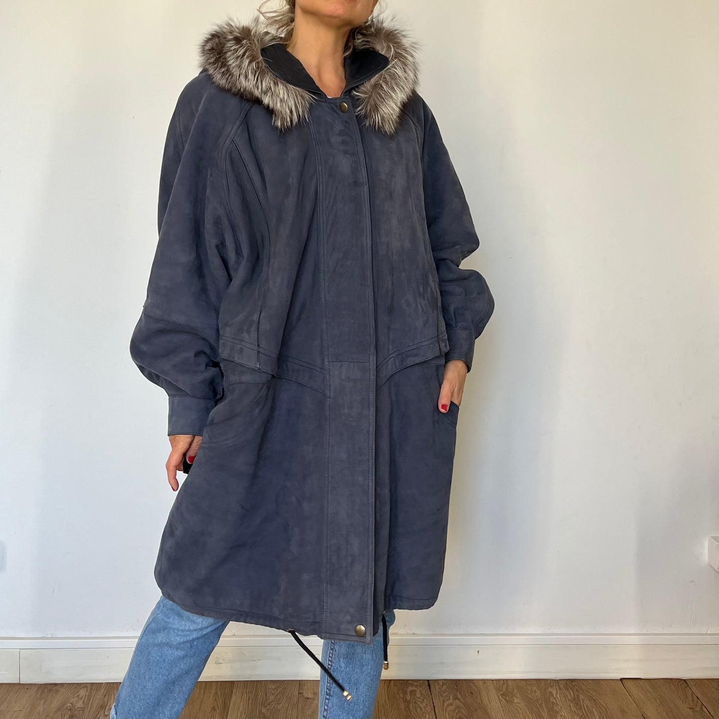 Vintage Blue Suede leather hooded jacket