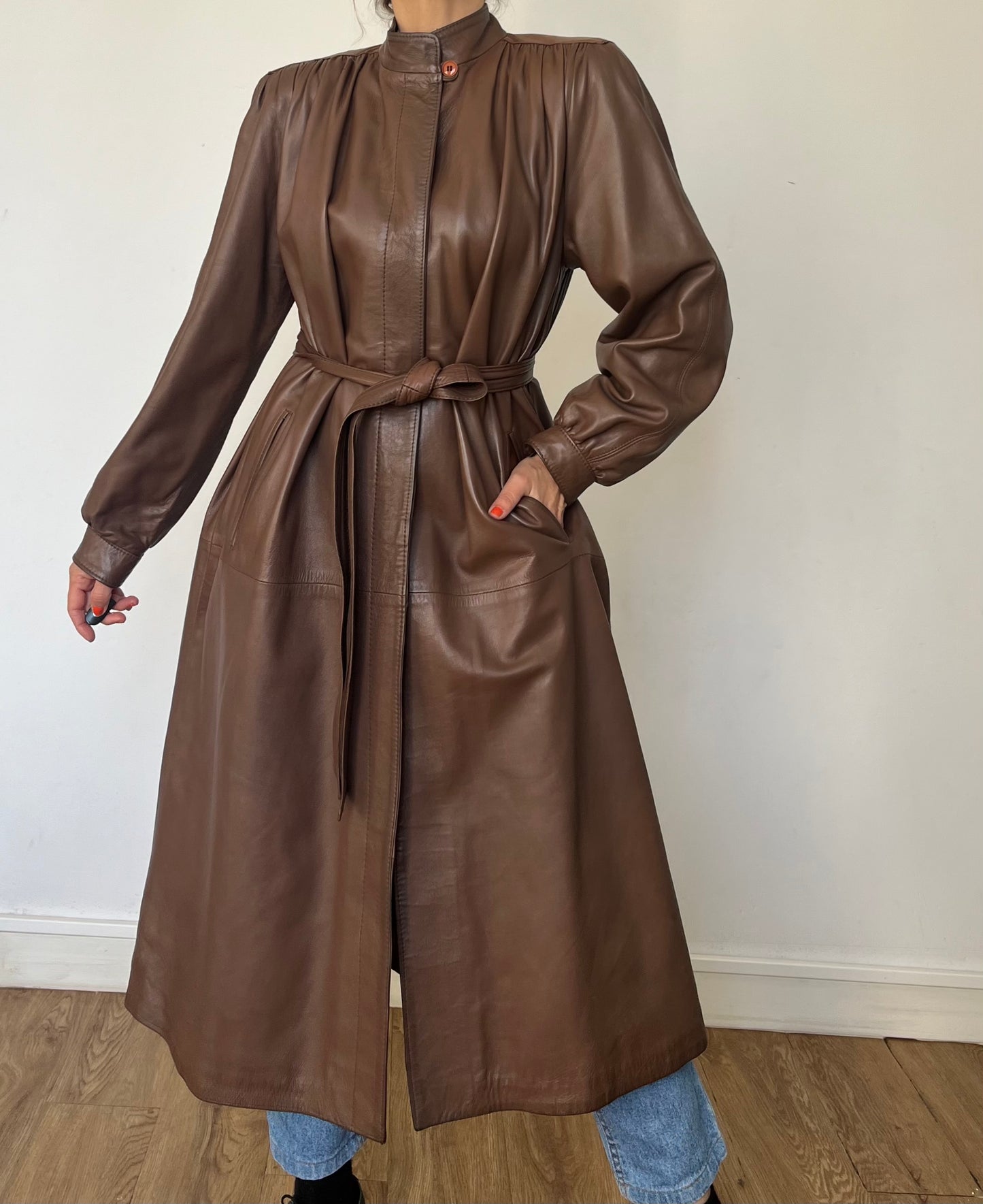 Vintage Brown leather Long Trench Coat
