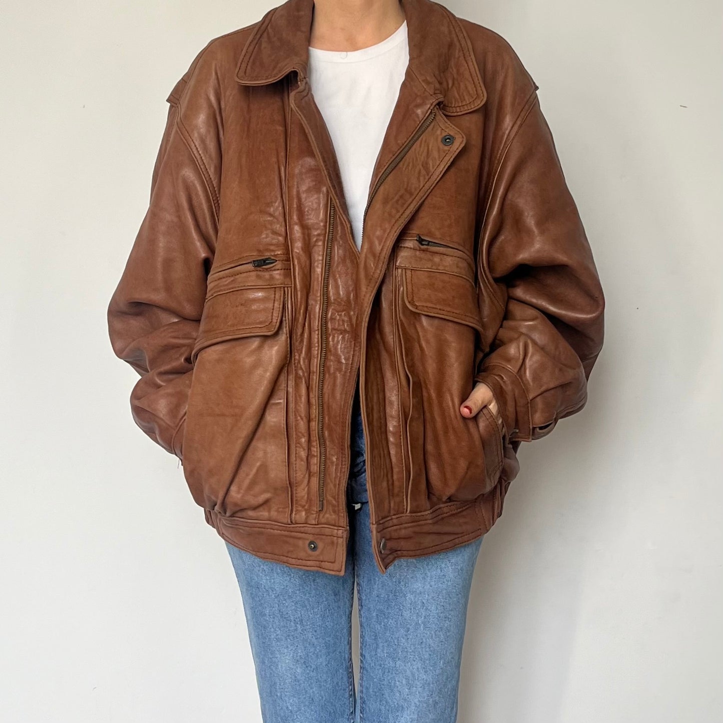 Vintage Brown Leather Bomber Jacket