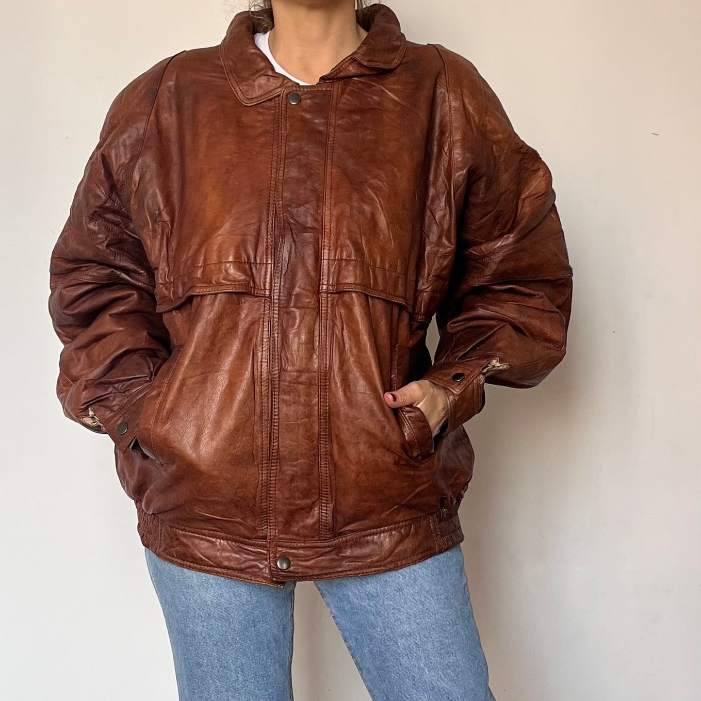 Vintage Brown Leather Bomber Jacket