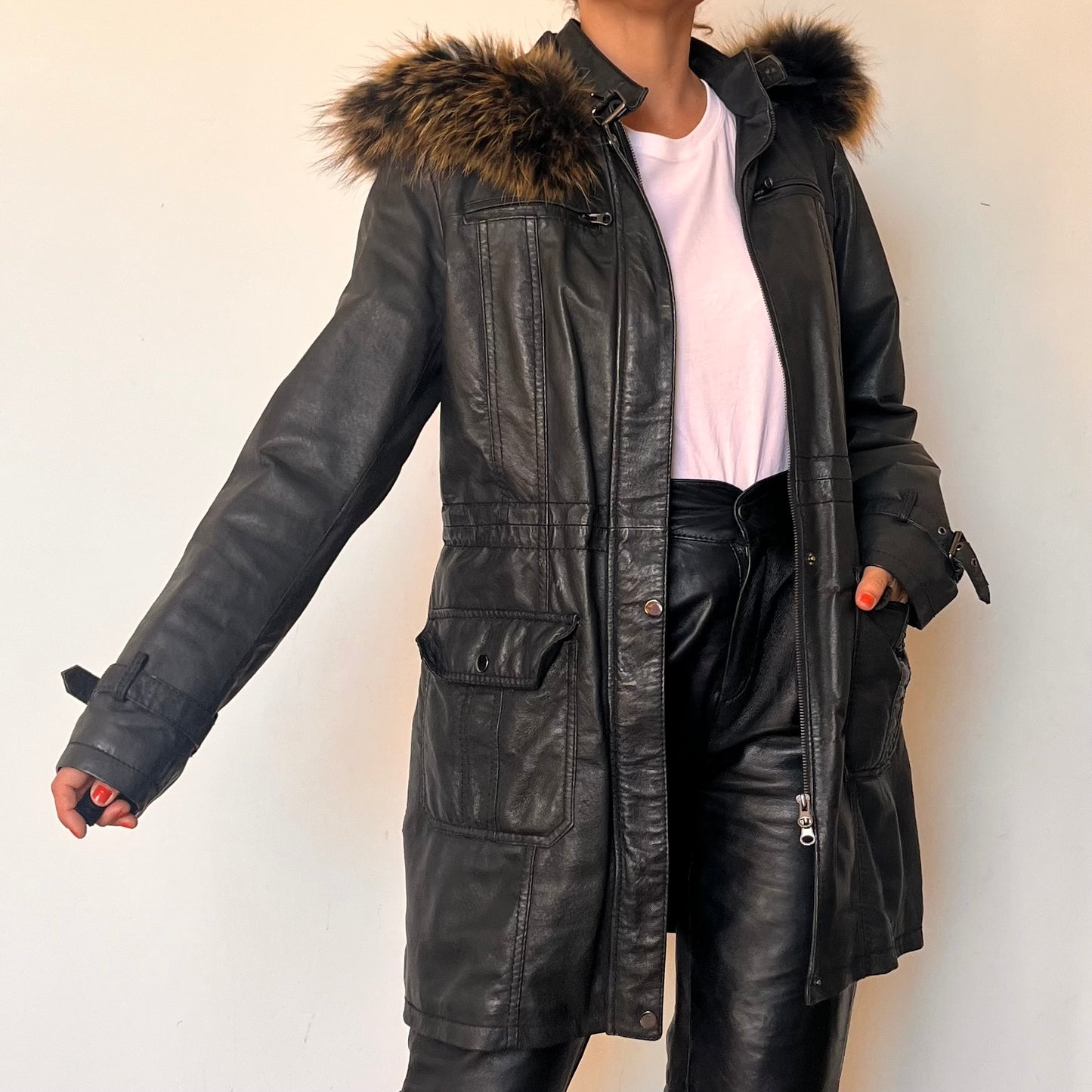 Black leather hooded jacket