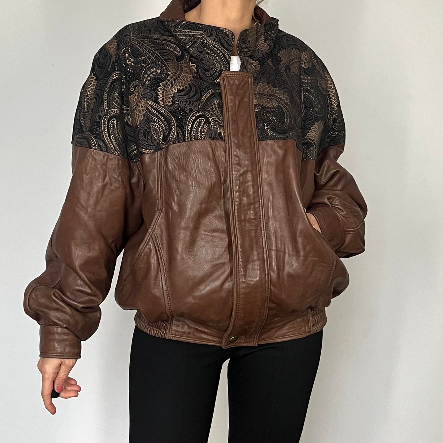 Vintage leather Bomber jacket paisley details
