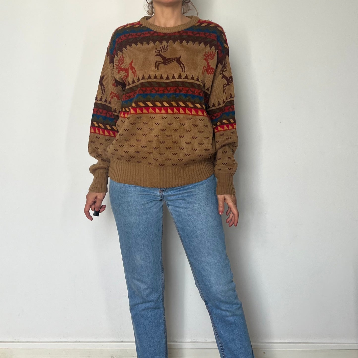 Vintage Reindeer Print Sweater