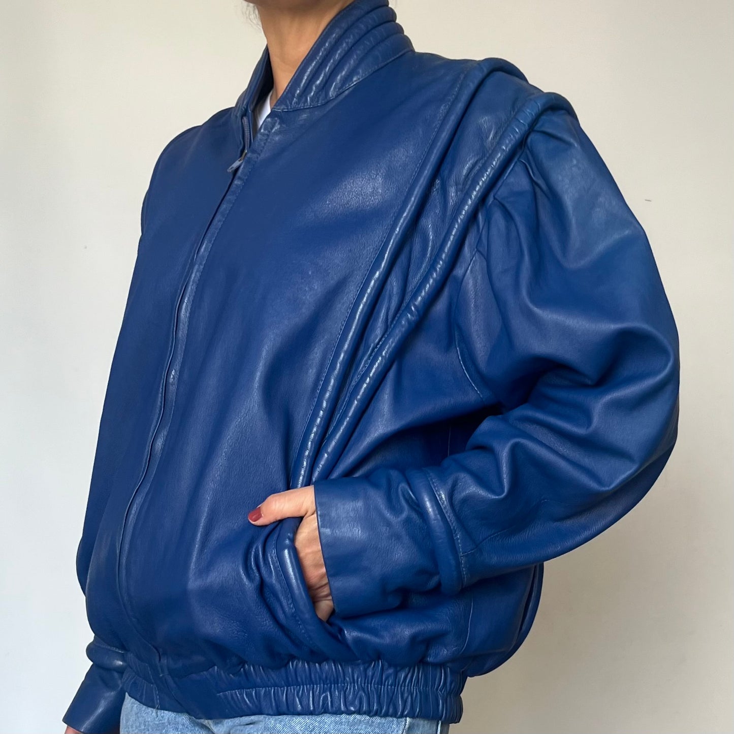 Vintage Blue Leather Bomber Jacket