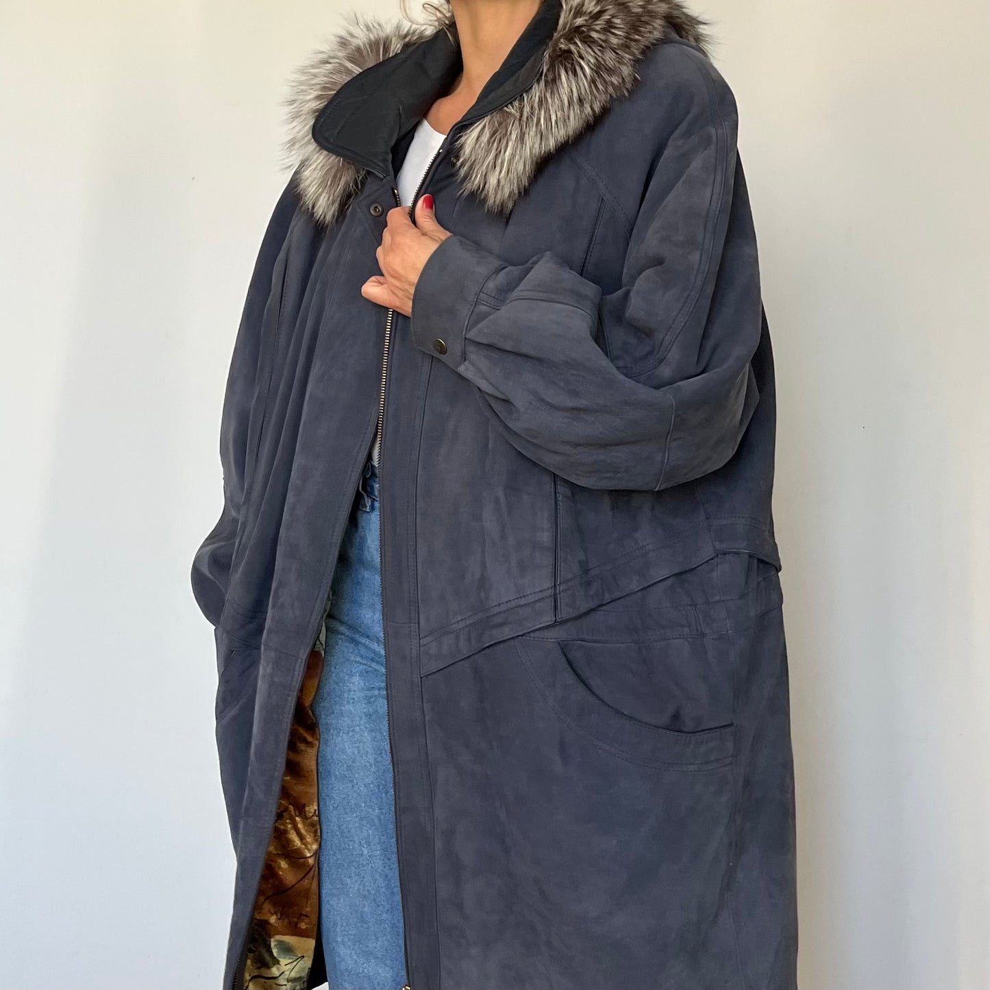 Vintage Blue Suede leather hooded jacket