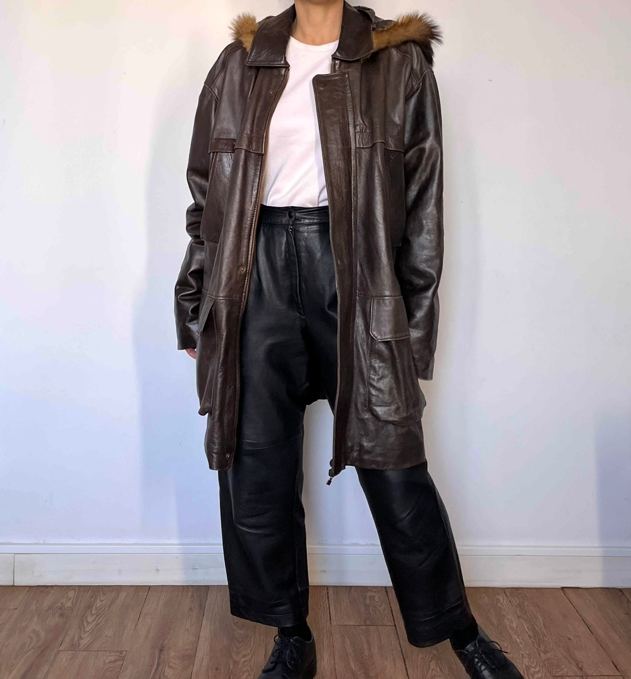 Brown leather hooded jacket