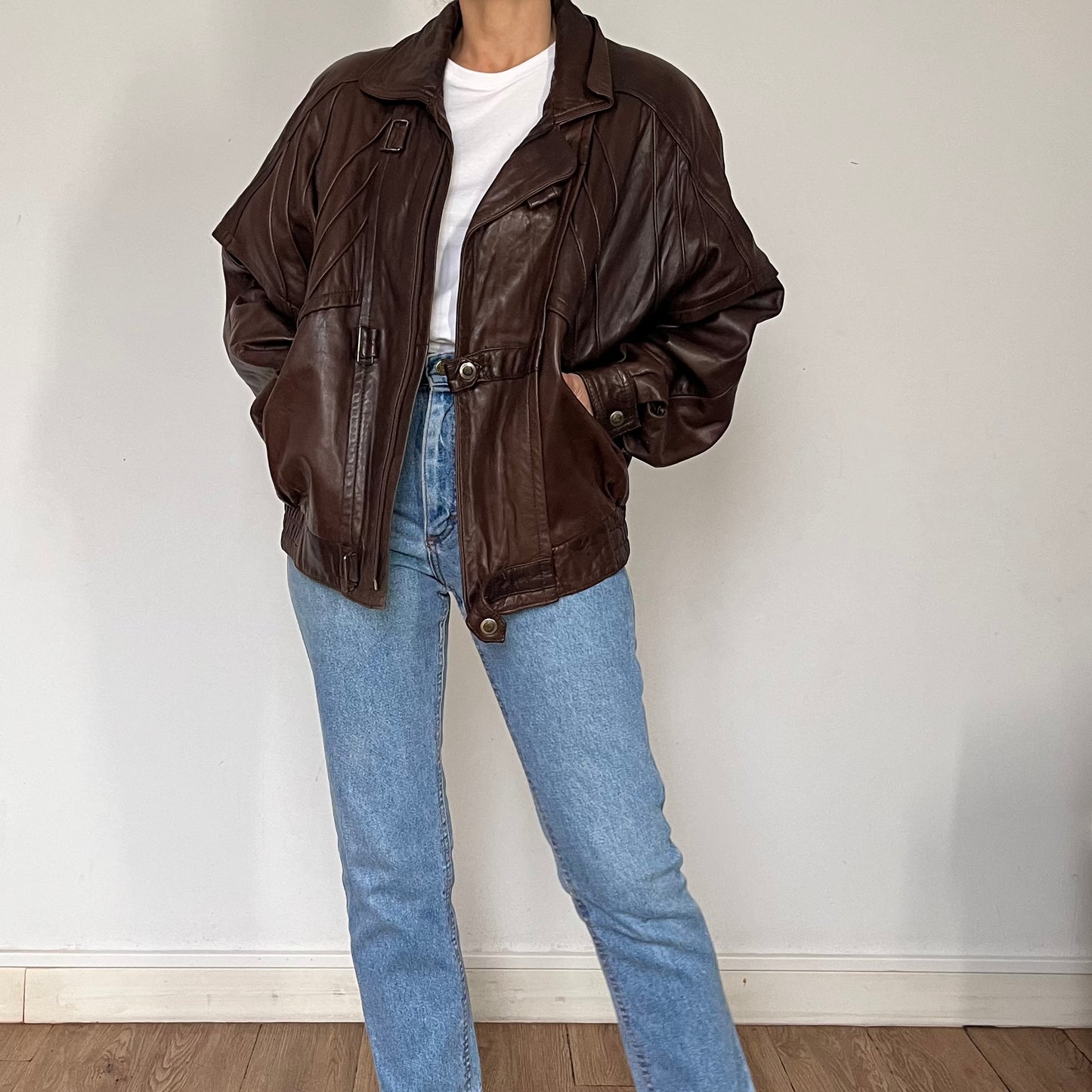Vintage Brown Leather Bomber Jacket