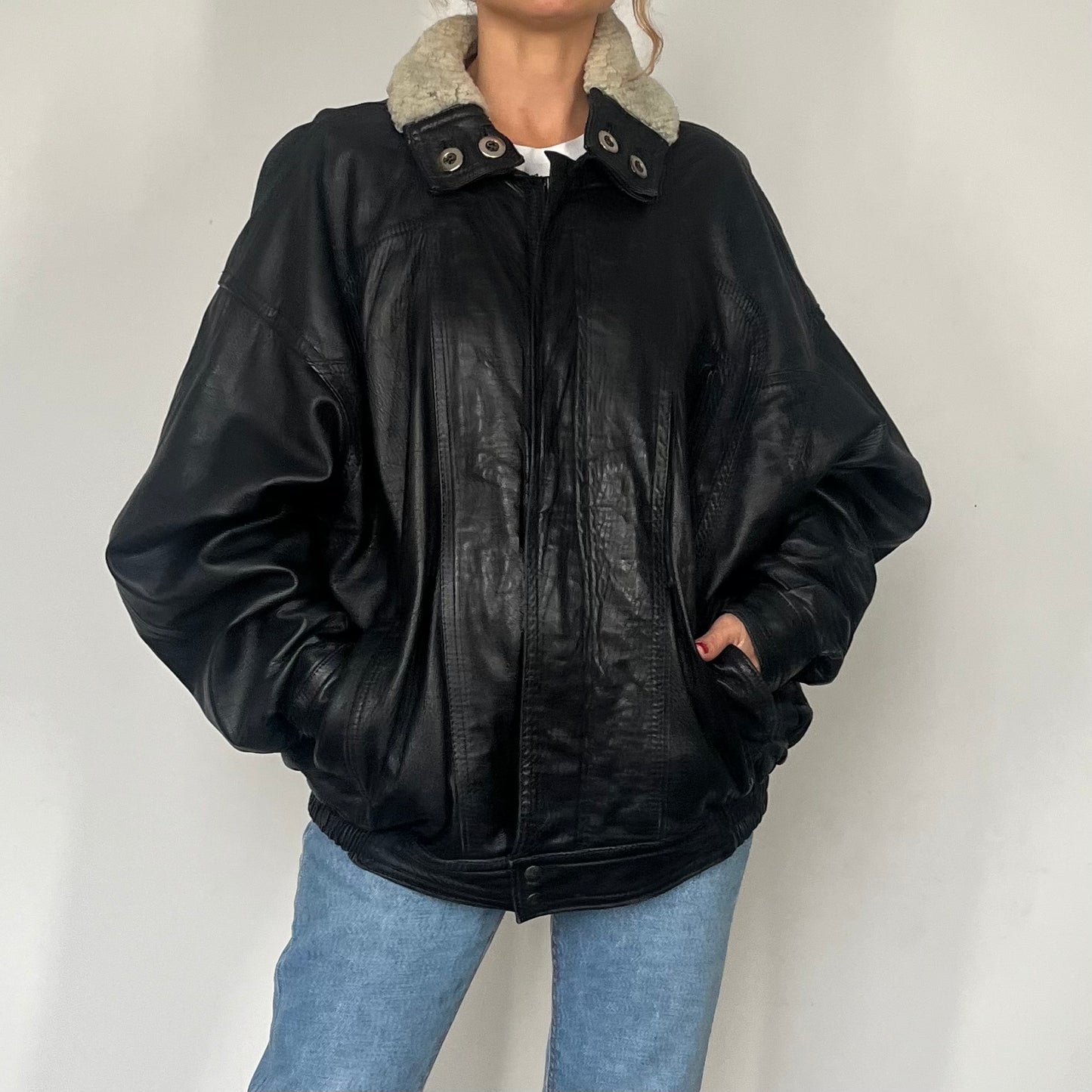 Vintage Bomber sherpa black leather jacket