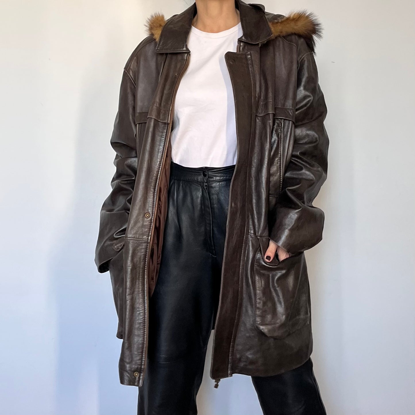 Brown leather hooded jacket