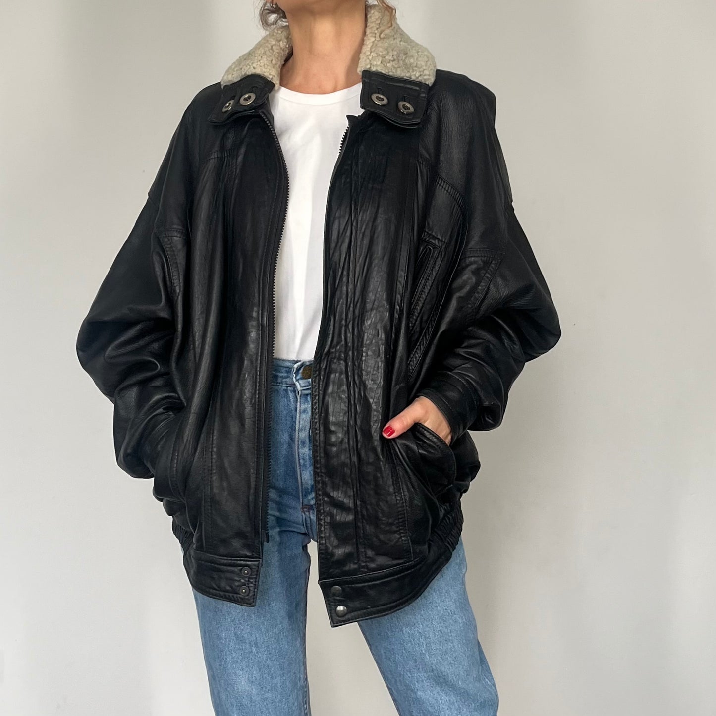 Vintage Bomber sherpa black leather jacket
