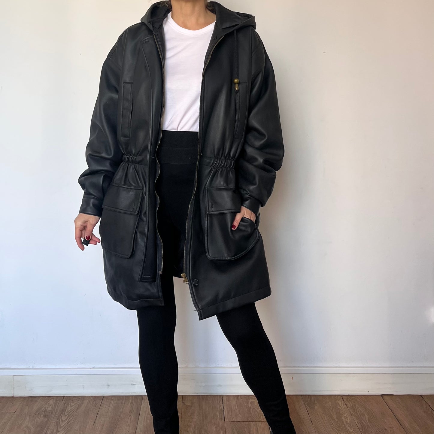 Faux leather hooded jacket