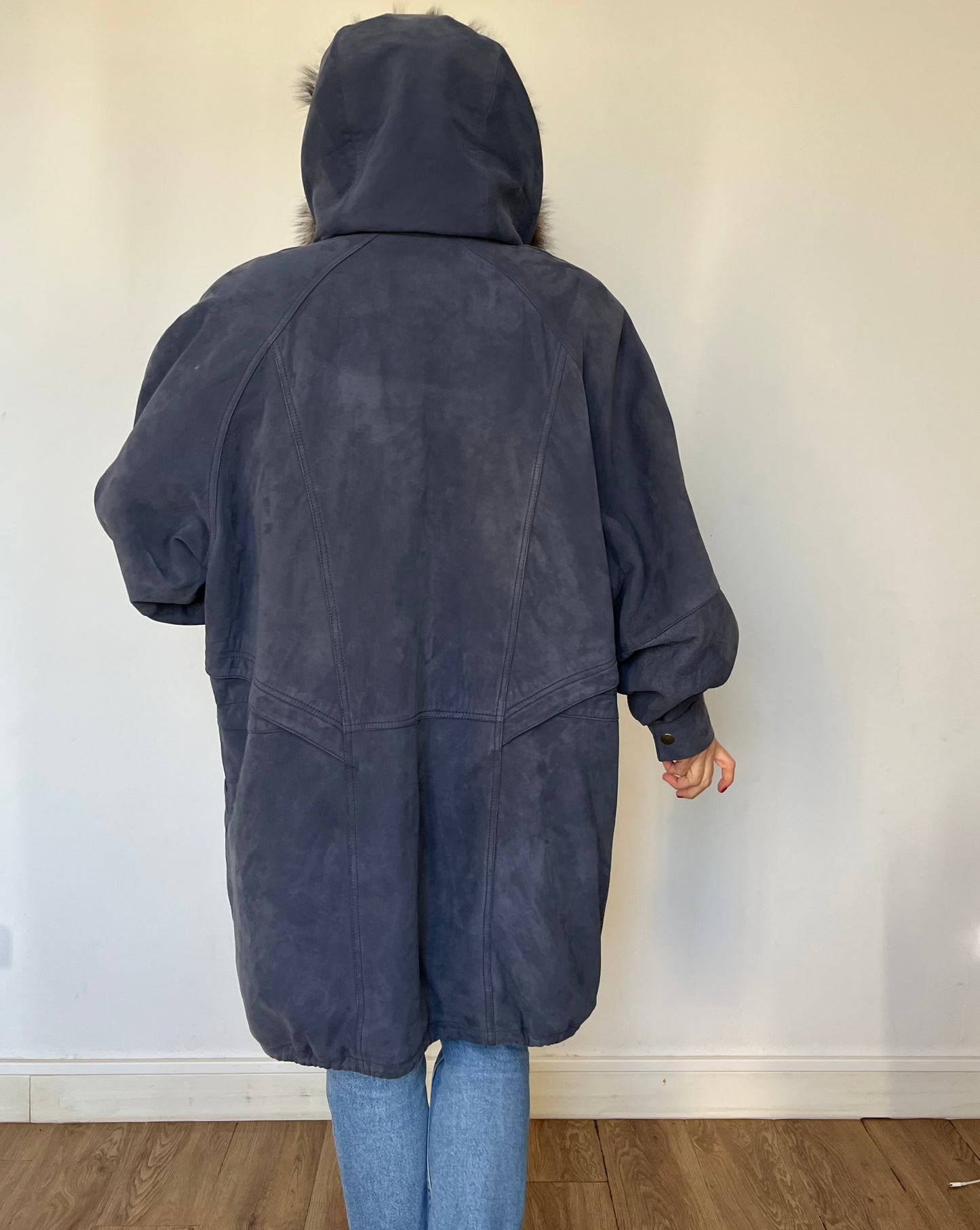 Vintage Blue Suede leather hooded jacket