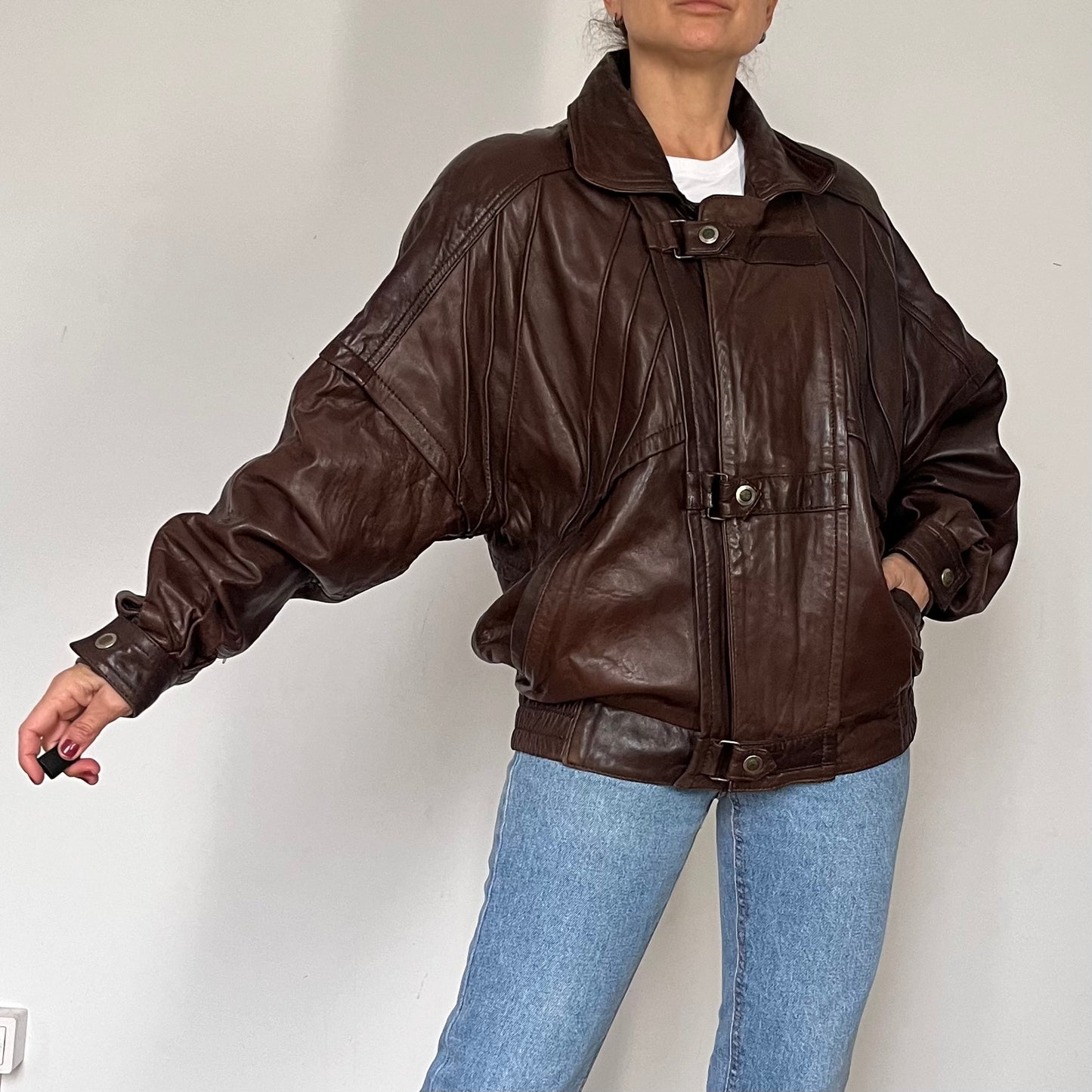 Vintage Brown Leather Bomber Jacket
