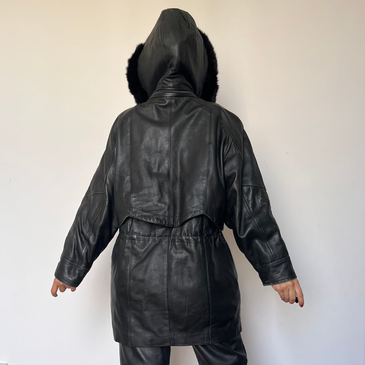 Vintage black leather hooded jacket