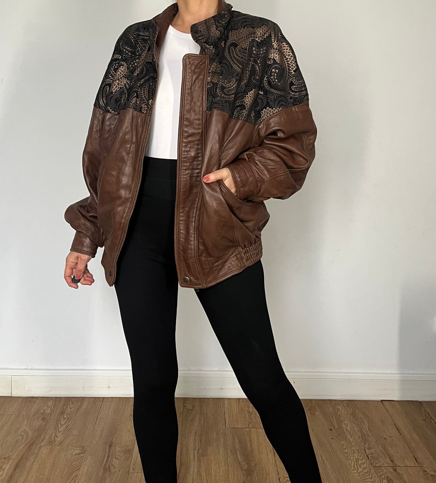 Vintage leather Bomber jacket paisley details