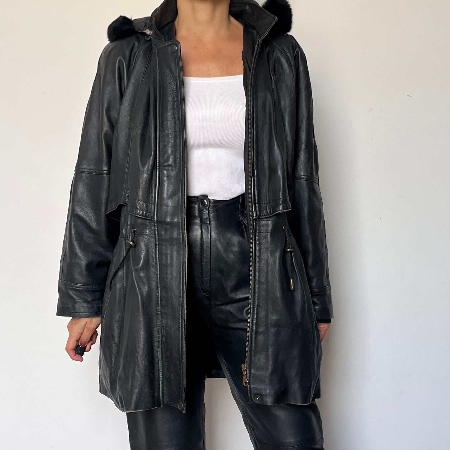 Vintage black leather hooded jacket
