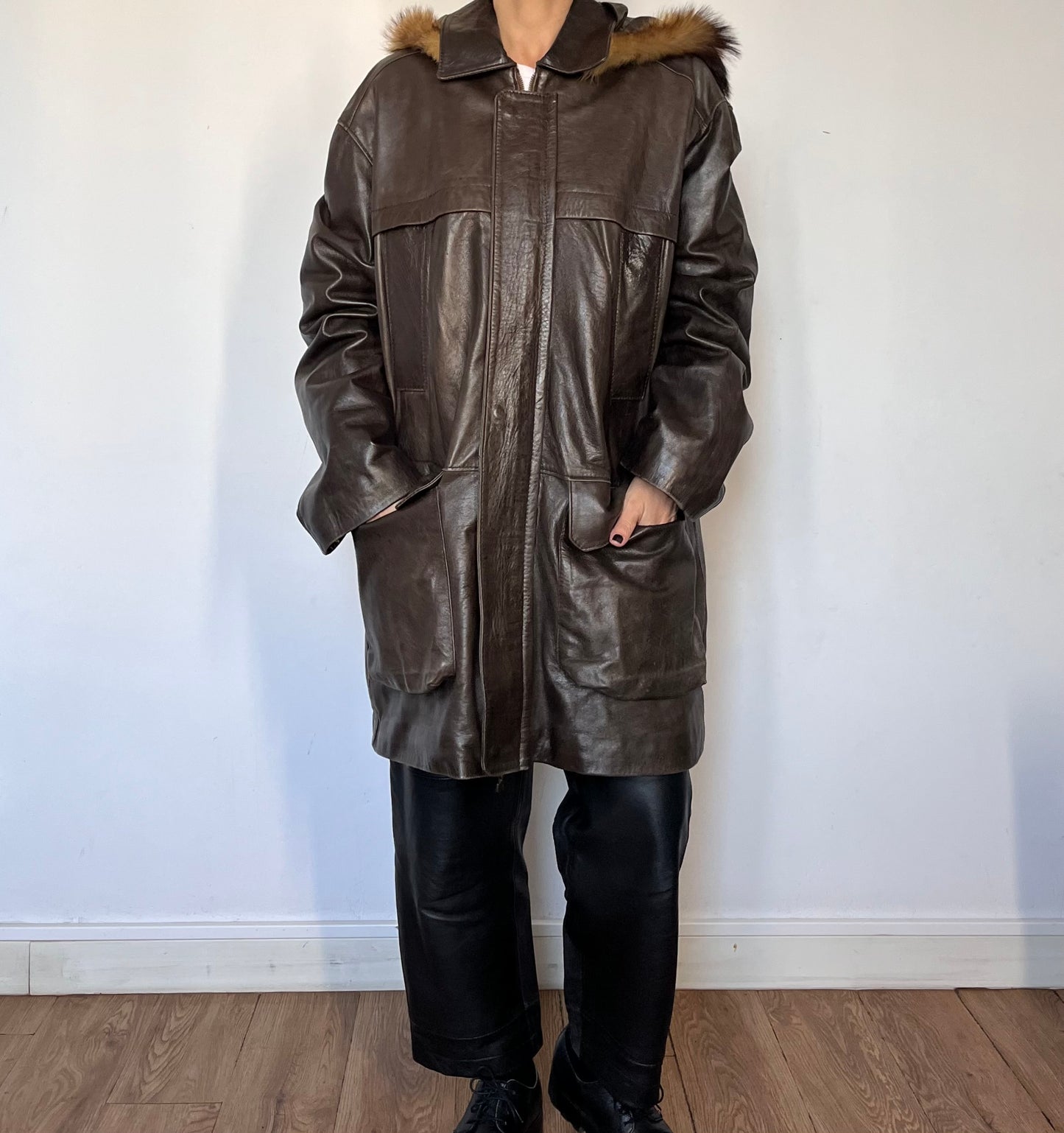 Brown leather hooded jacket