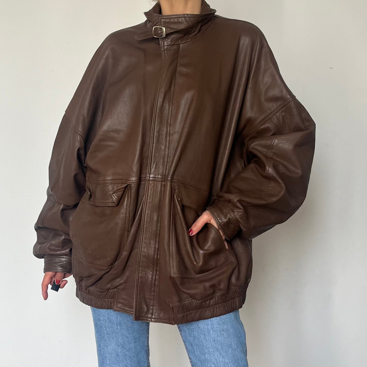 Vintage Brown Leather Bomber Jacket