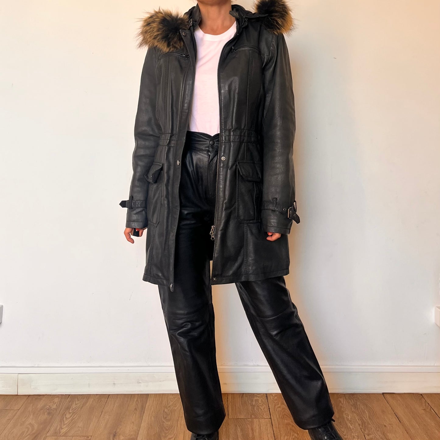 Black leather hooded jacket