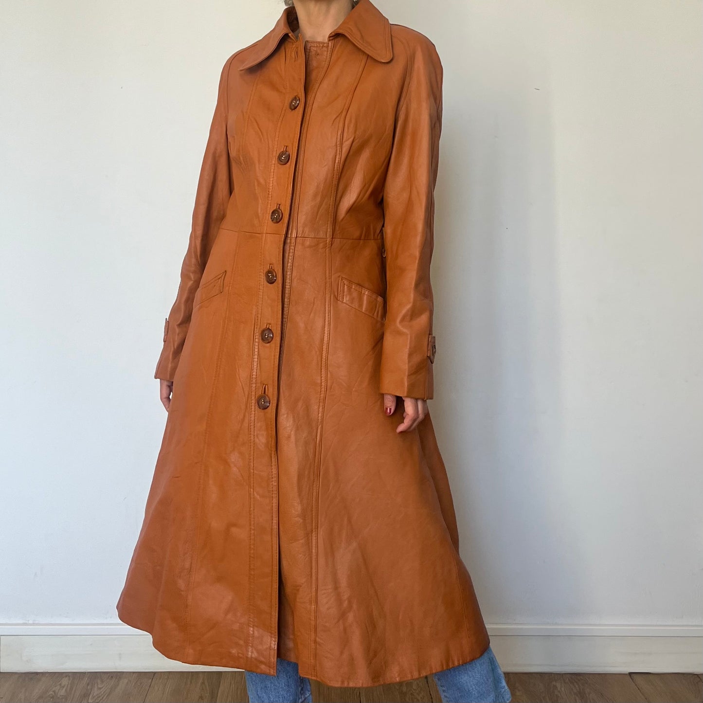 Vintage Brown leather Long Trench Coat