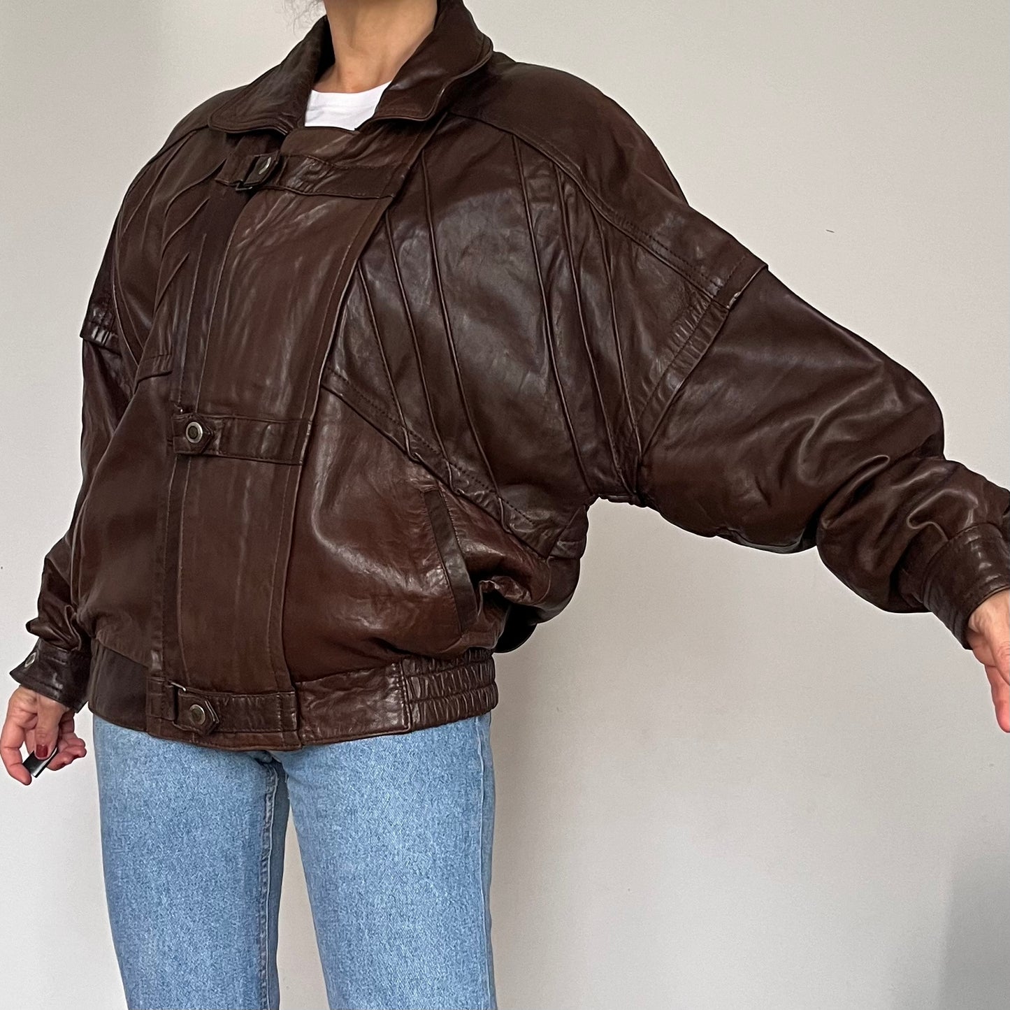 Vintage Brown Leather Bomber Jacket