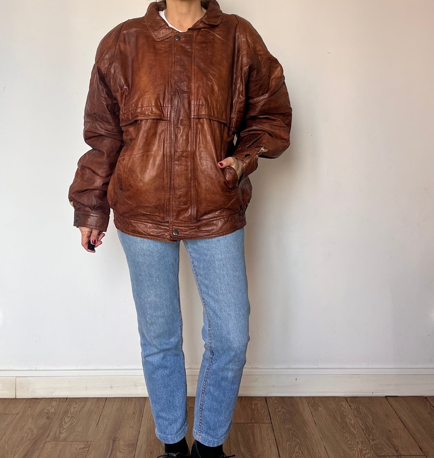 Vintage Brown Leather Bomber Jacket