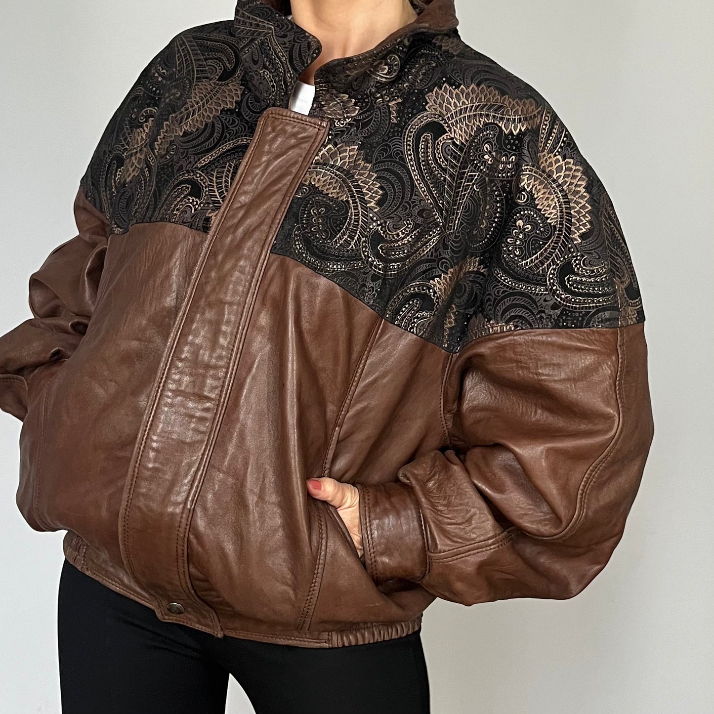 Vintage leather Bomber jacket paisley details