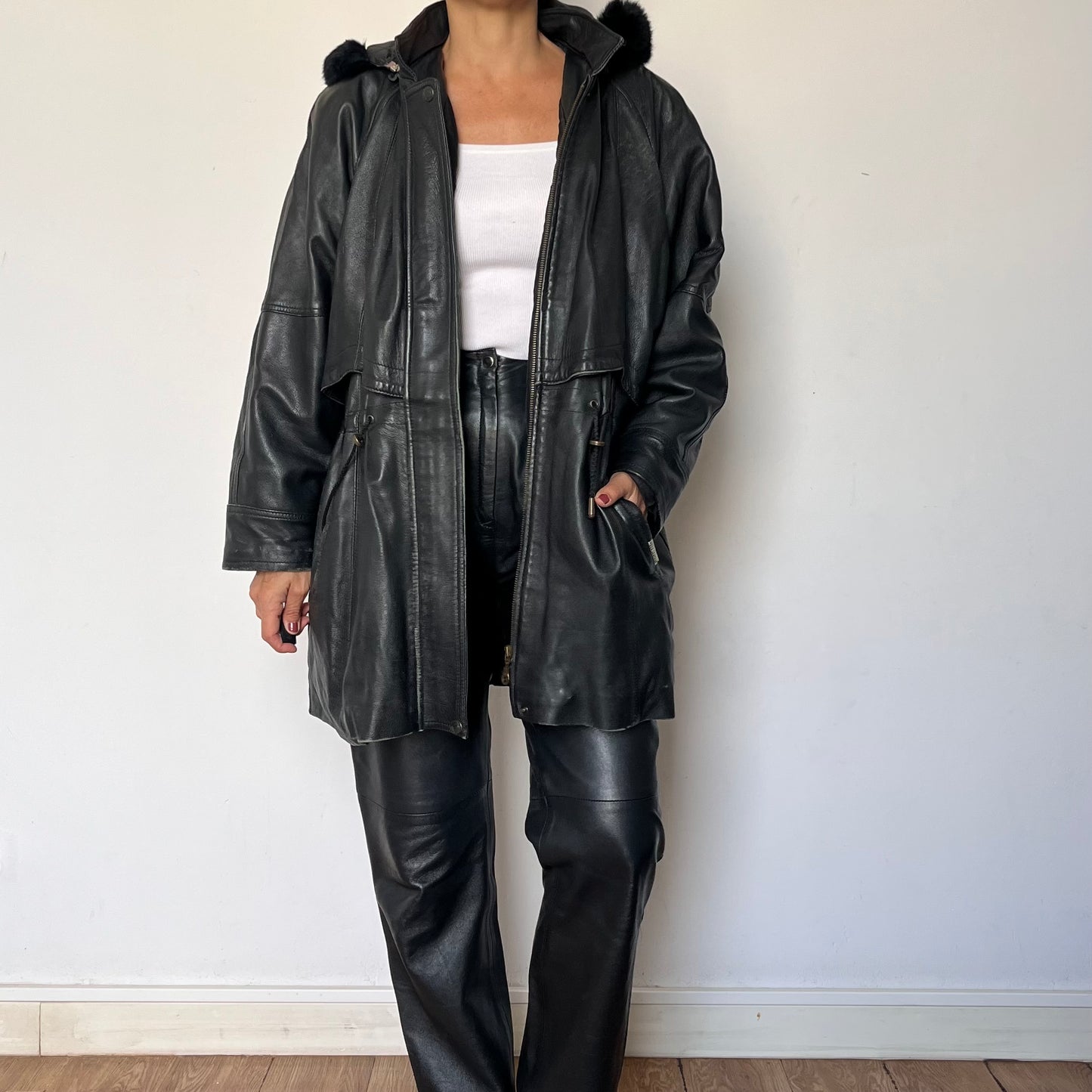 Vintage black leather hooded jacket