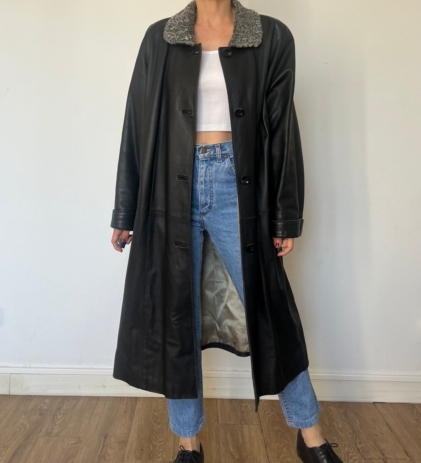 Vintage Leather trench coat with Faux Fur collar