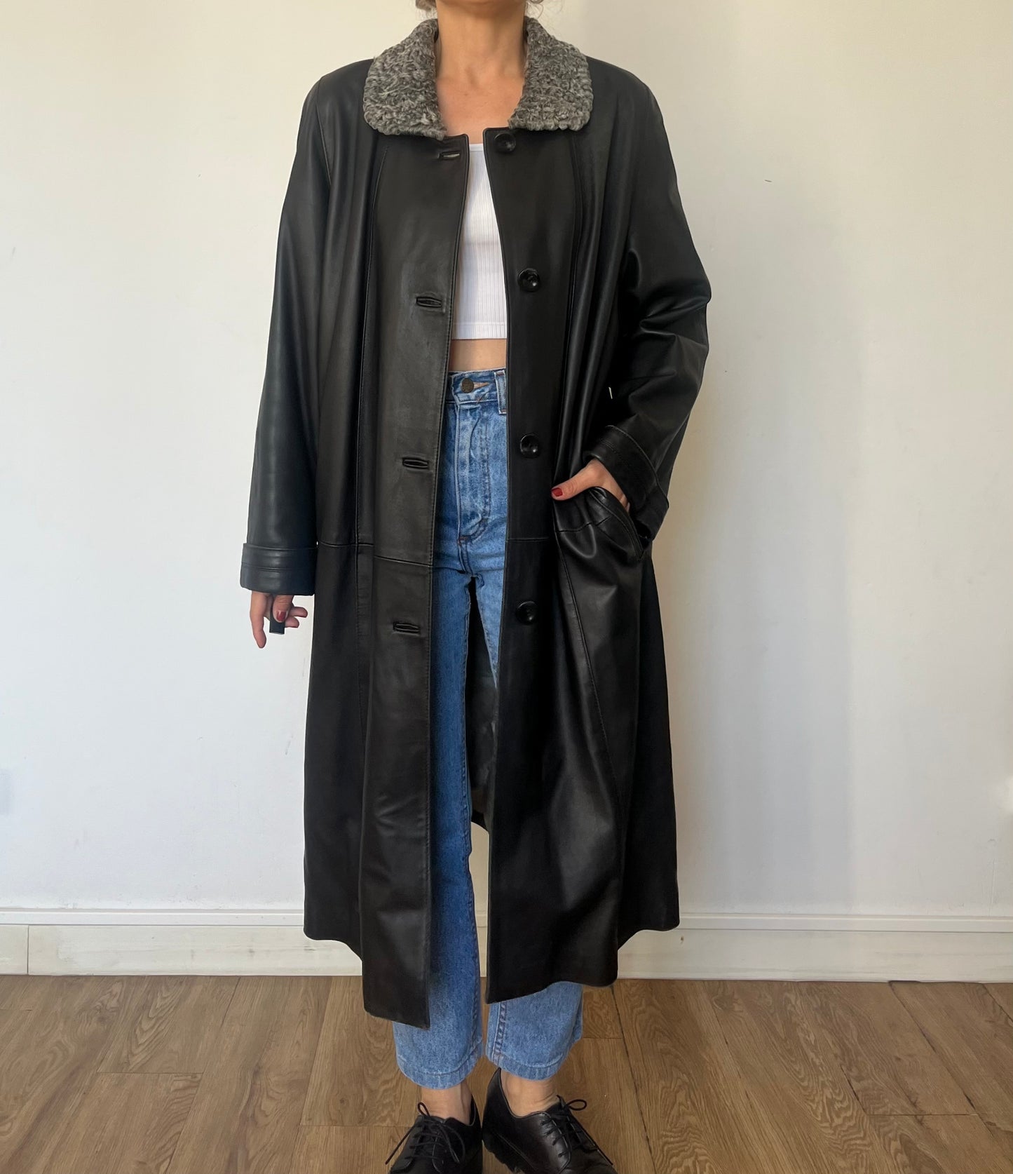 Vintage Leather trench coat with Faux Fur collar