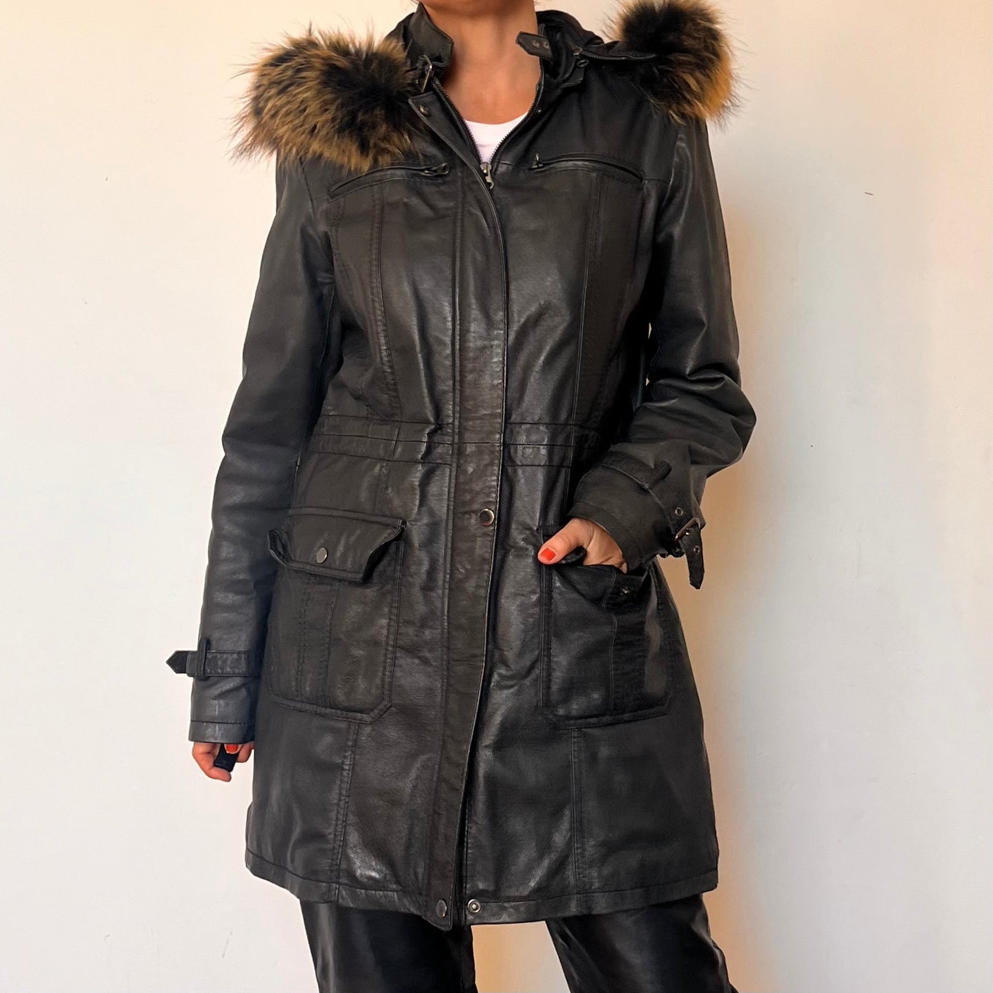 Black leather hooded jacket