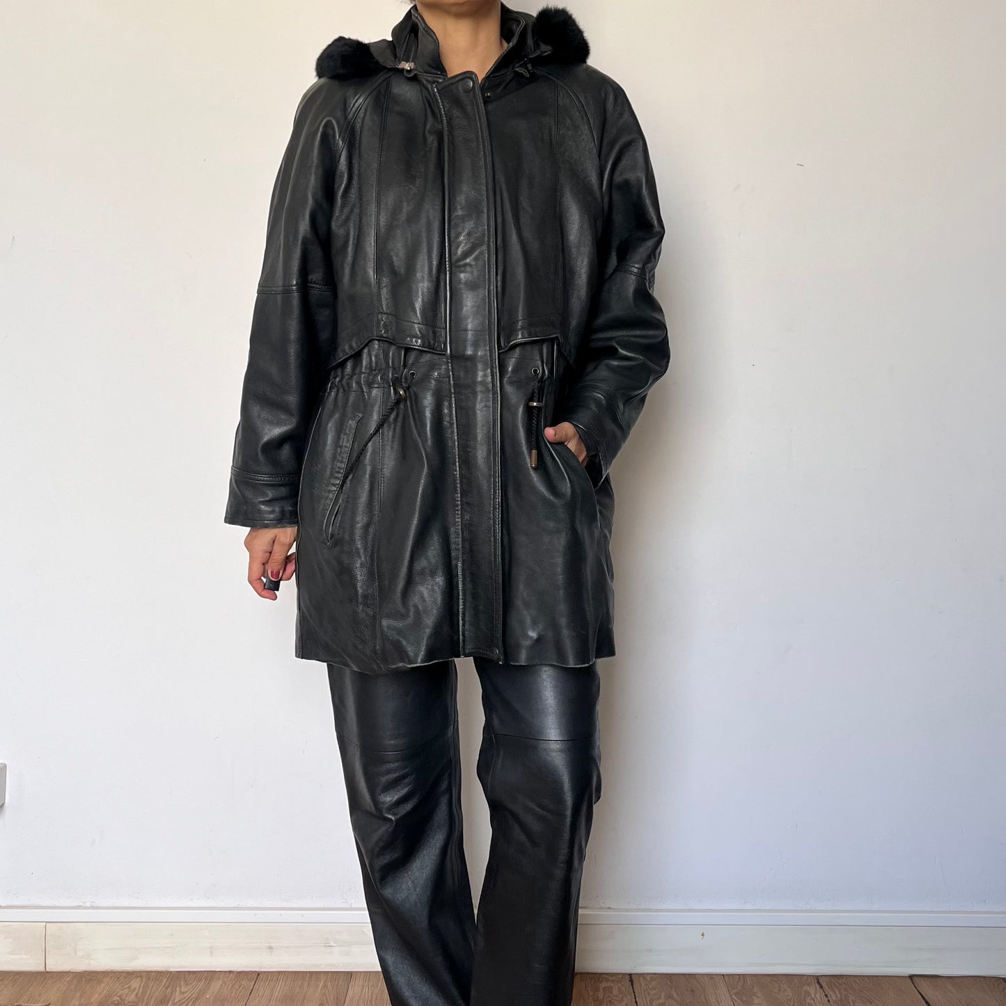 Vintage black leather hooded jacket