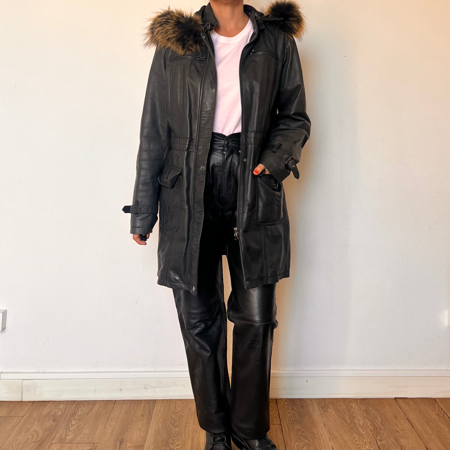 Black leather hooded jacket