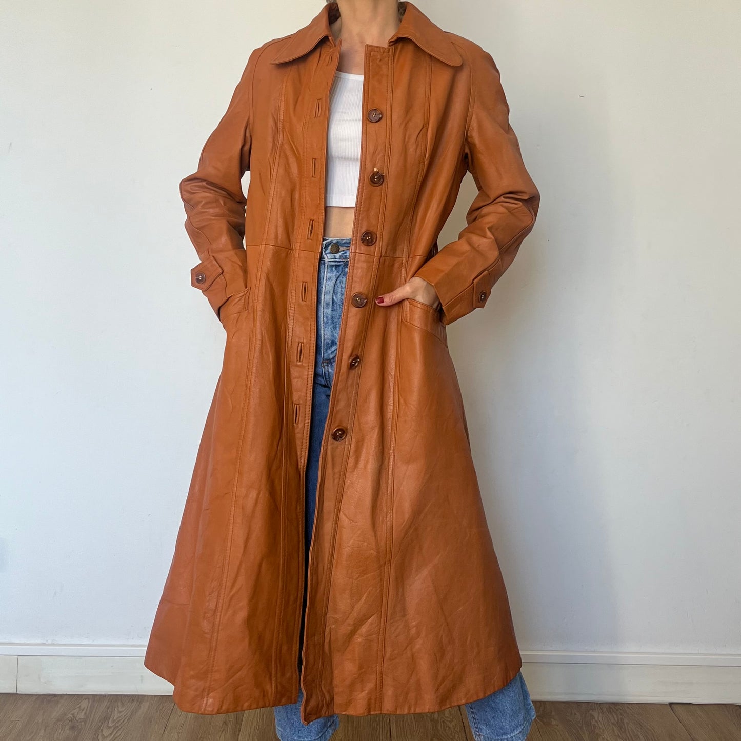 Vintage Brown leather Long Trench Coat