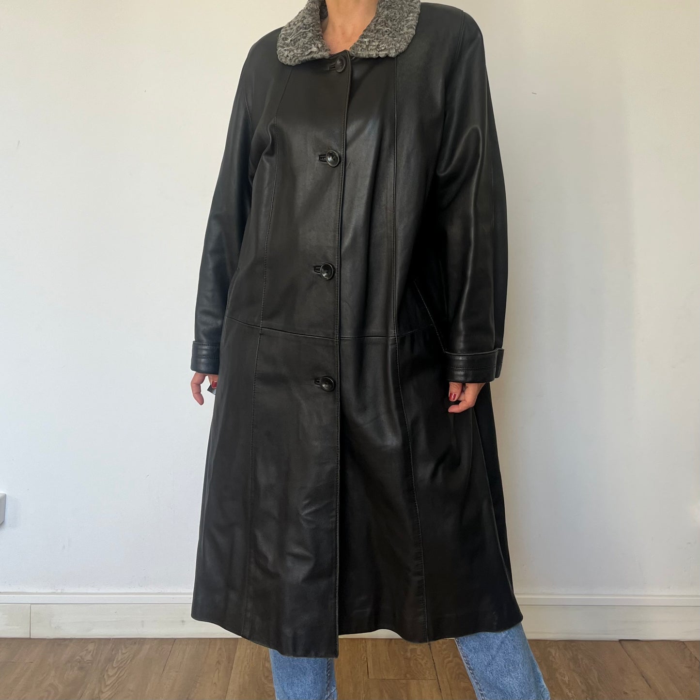 Vintage Leather trench coat with Faux Fur collar
