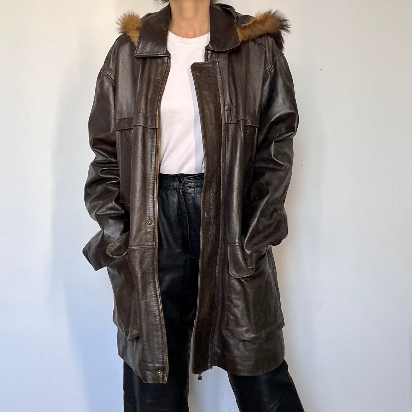 Brown leather hooded jacket