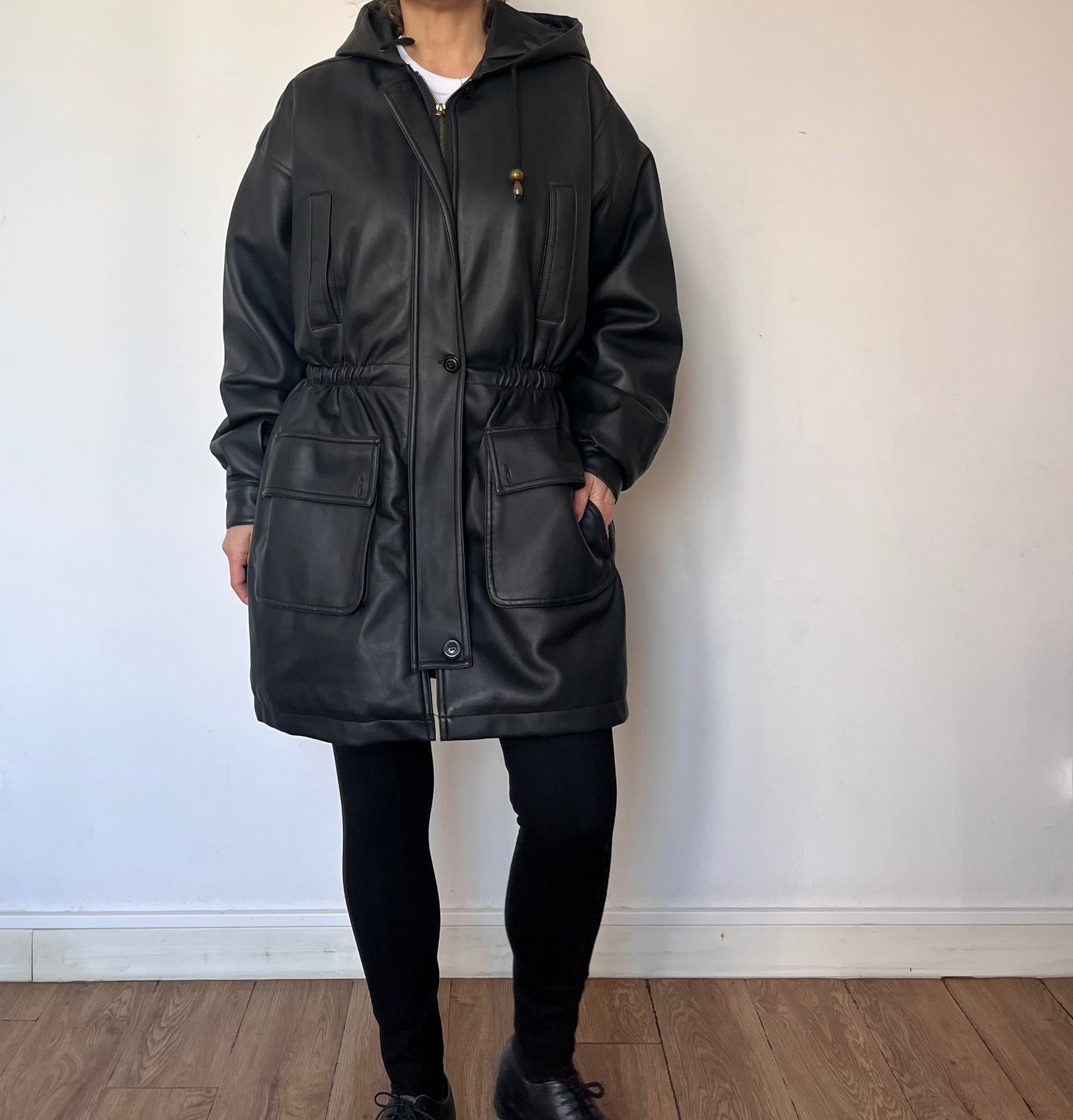 Faux leather hooded jacket