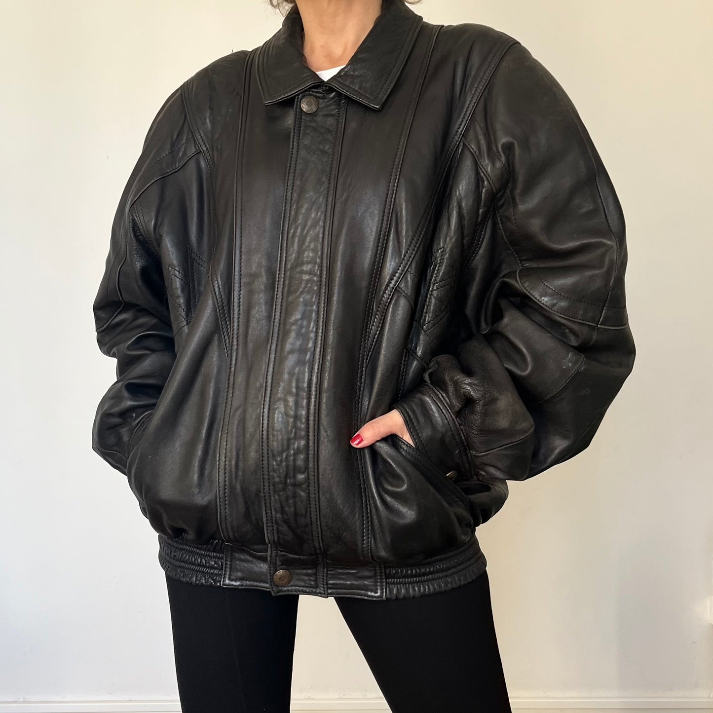 Vintage Black Leather Bomber Jacket