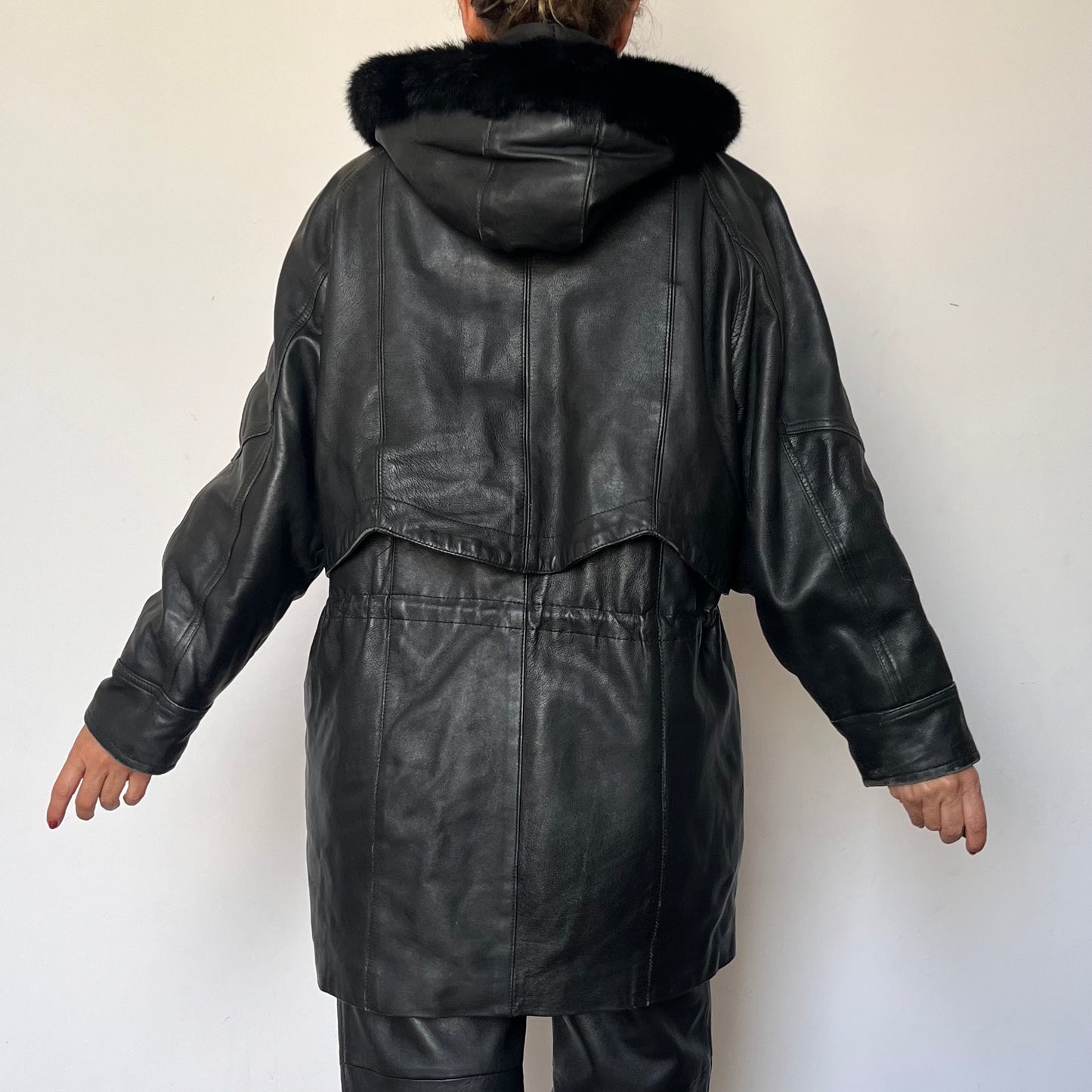 Vintage black leather hooded jacket