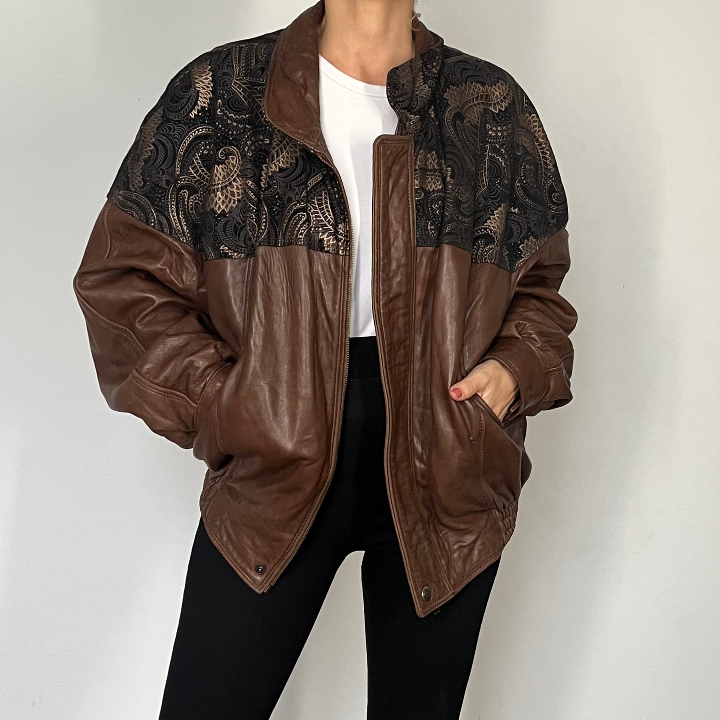 Vintage leather Bomber jacket paisley details
