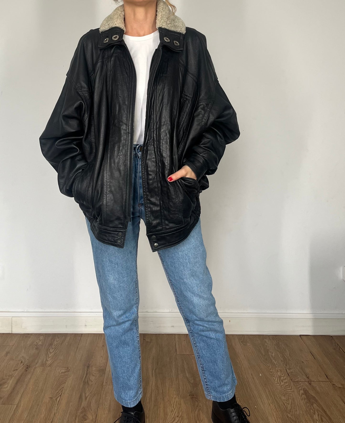 Vintage Bomber sherpa black leather jacket