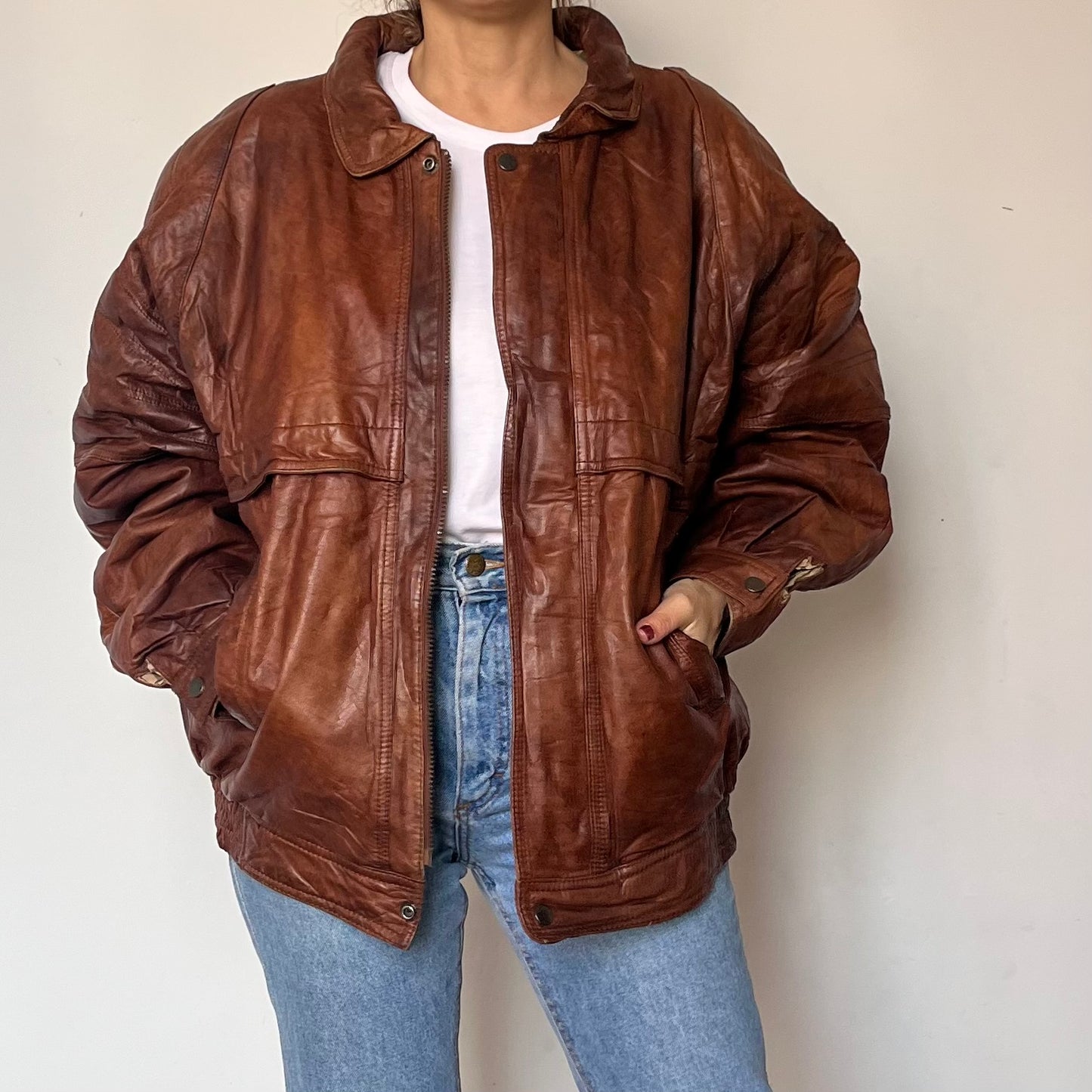 Vintage Brown Leather Bomber Jacket