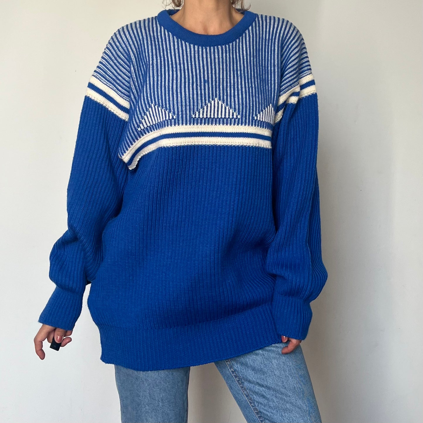 Vintage woman geometric blue wool Sweater