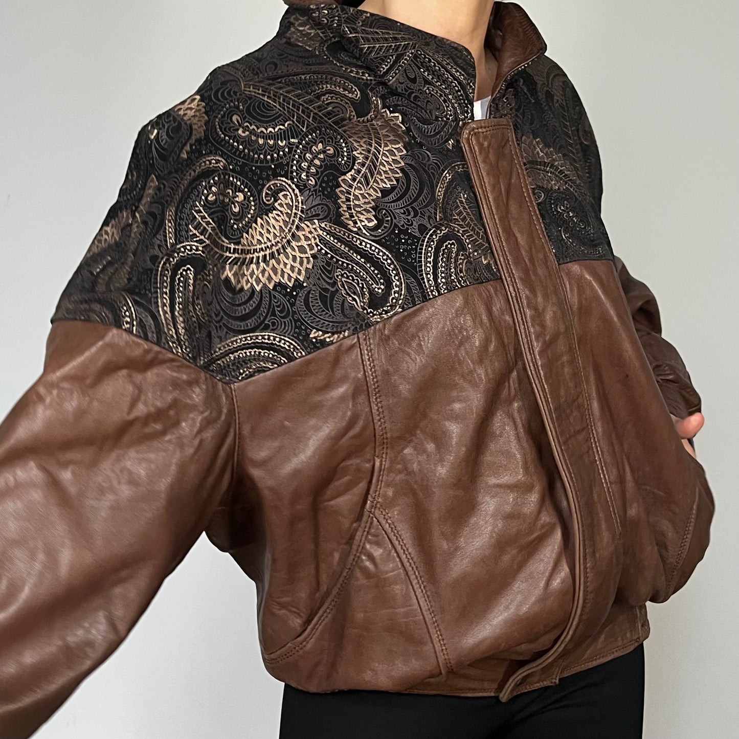 Vintage leather Bomber jacket paisley details