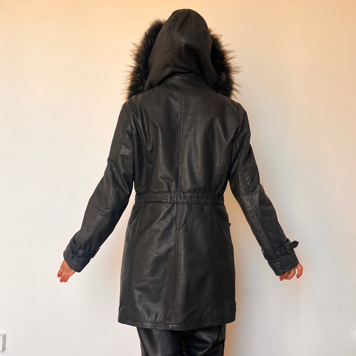 Black leather hooded jacket