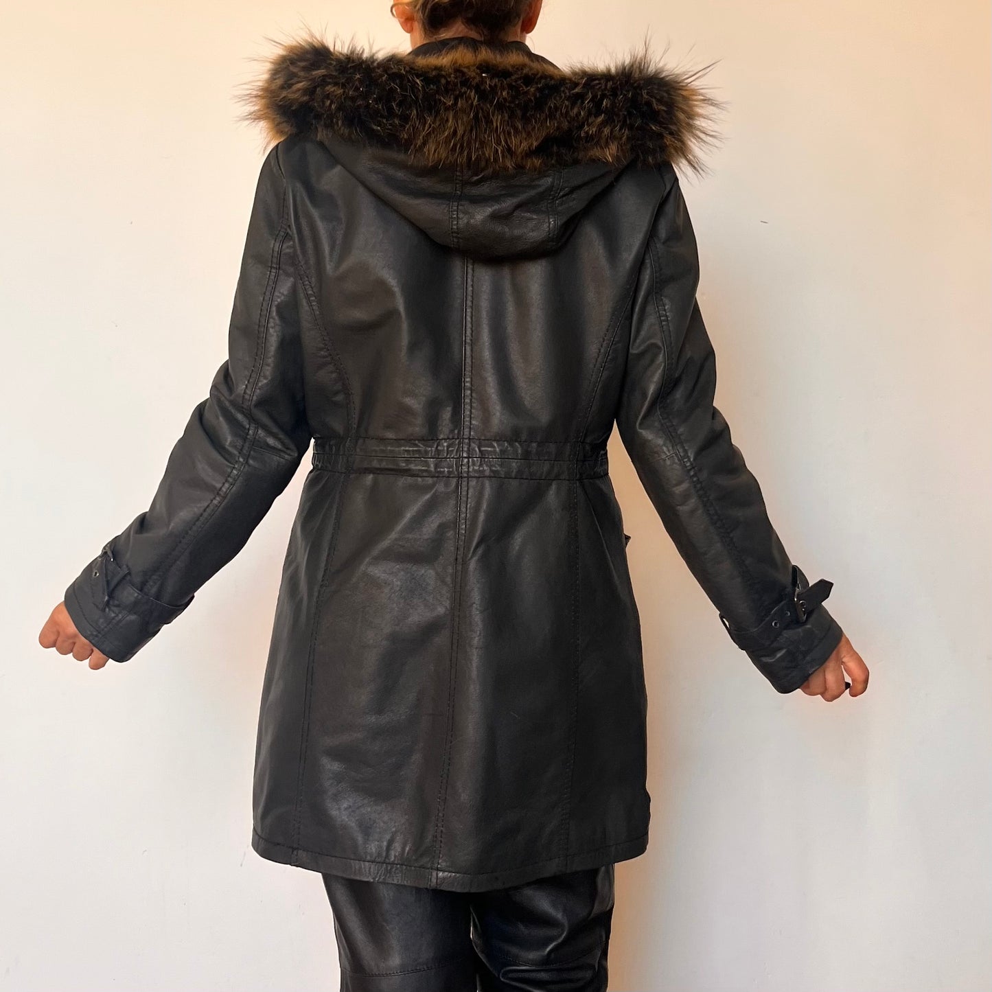 Black leather hooded jacket