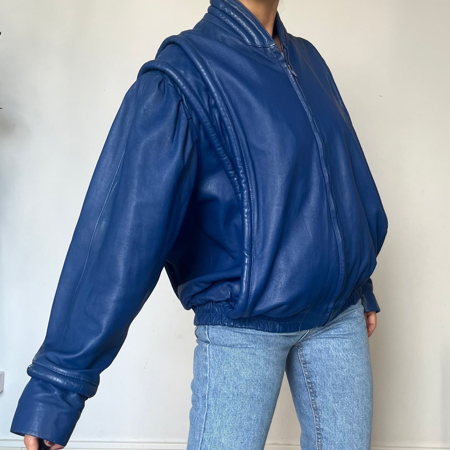 Vintage Blue Leather Bomber Jacket